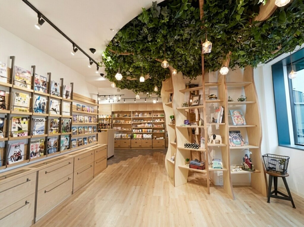 雑誌や雑貨が並ぶ棚と、緑の葉を茂らせた木のオブジェがある明るい店内。おしゃれな12か所