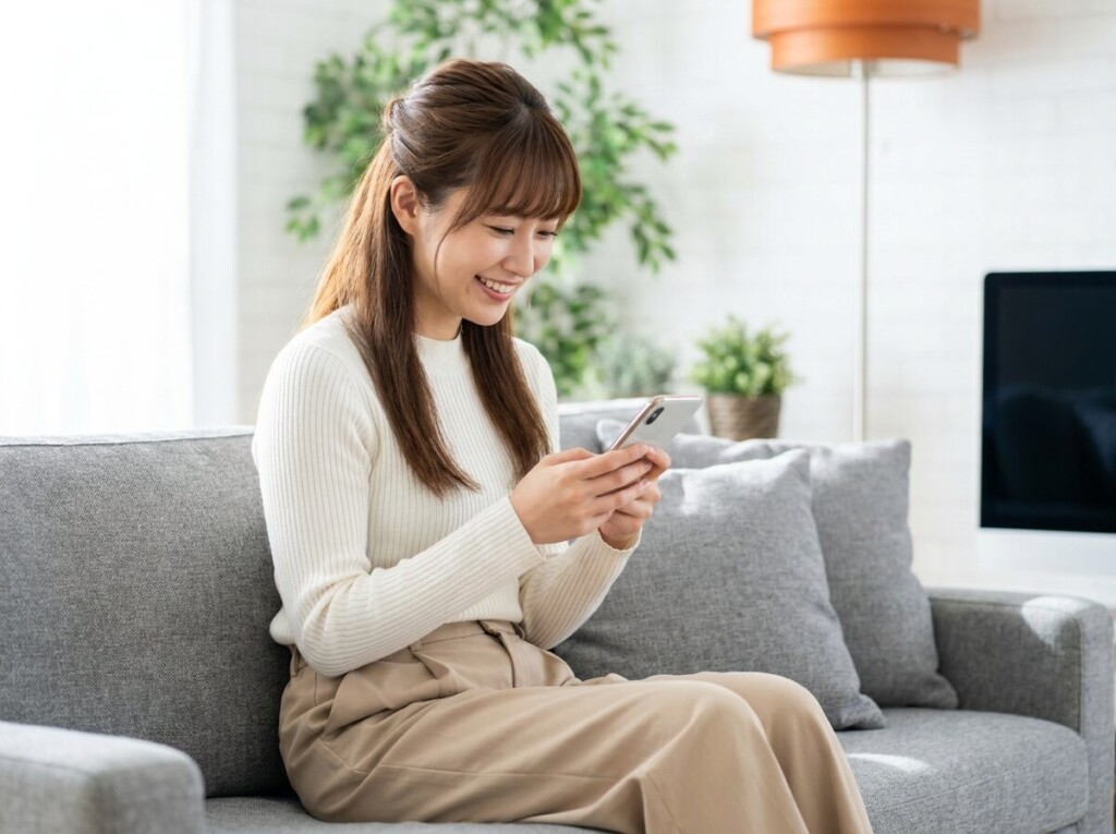 グレーのソファに座り、スマートフォンを見て微笑む白いニットの女性。女性からの誘い方