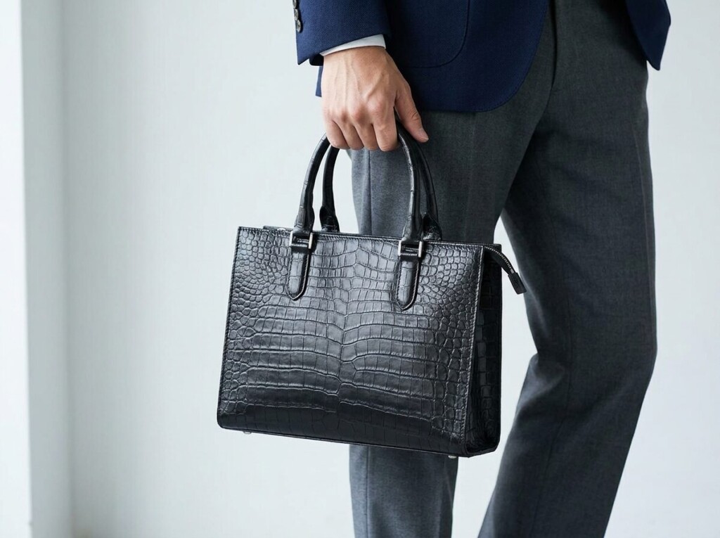 紺のジャケットとグレーのスラックス姿で黒いクロコ調のトートを提げた手元。メンズのバッグ4選