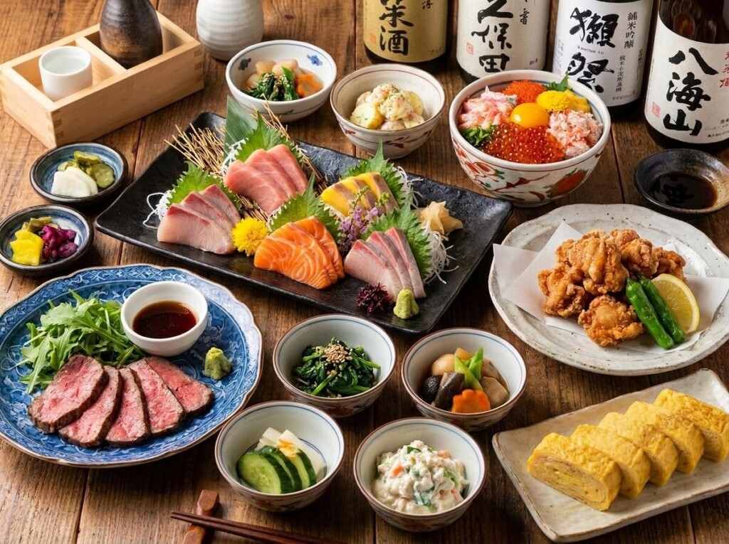 刺身の盛り合わせや唐揚げ、海鮮丼と日本酒の瓶が並ぶ食卓。手ごろに使える居酒屋5選