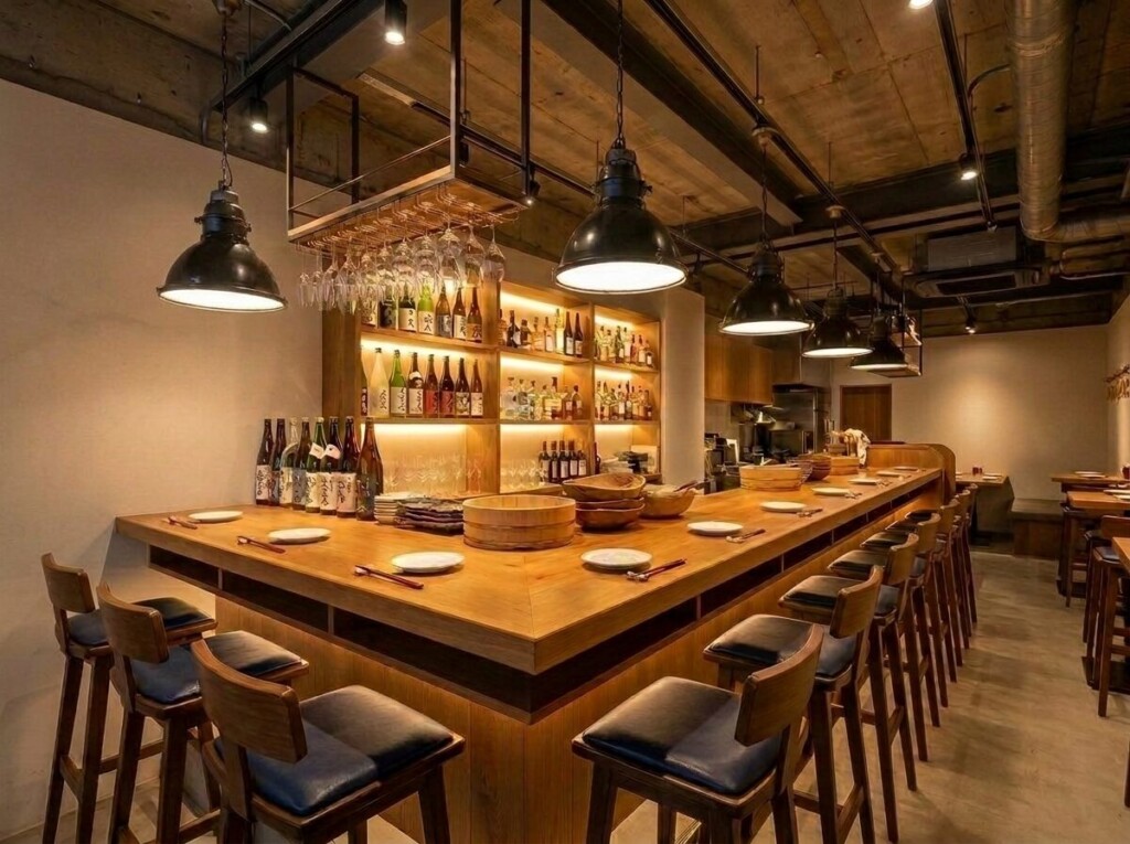 日本酒の瓶が並ぶ棚と、木のコの字カウンターが伸びる居酒屋の店内。店選びの4つの視点