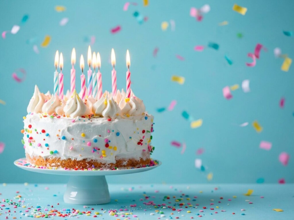 水色の背景に紙吹雪が舞い、火の灯ったろうそくを立てた白いケーキ。誕生日の一日の組み立て方