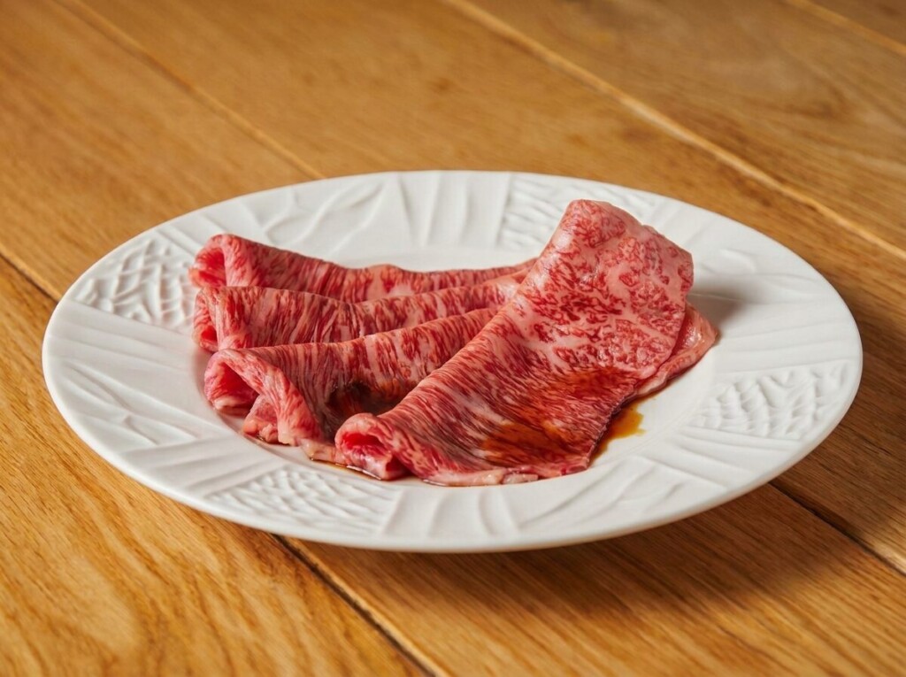 白い皿に扇状に並べられた霜降りの薄切り牛肉。シーン別に選ぶ肉料理の店12選