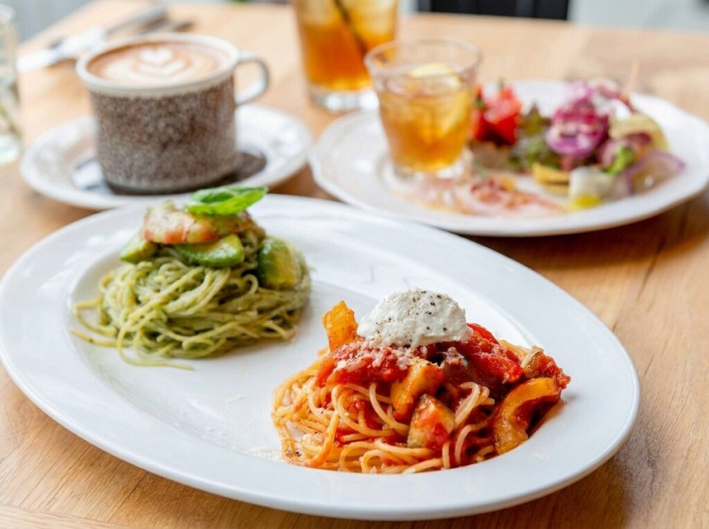 テーブルに並ぶジェノベーゼとトマトのパスタ、カフェラテとアイスティー。ランチのモデルコース