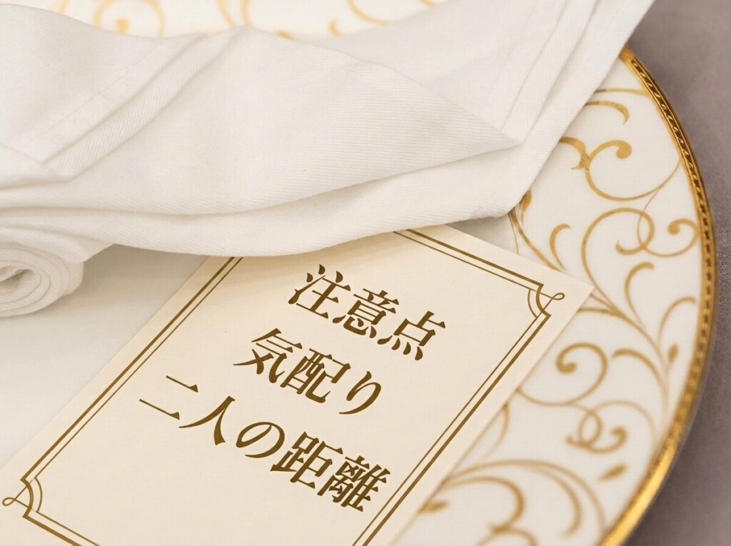 金縁の皿の上に置かれた「注意点」「気配り」「二人の距離」と印字されたカード。知っておきたいこと