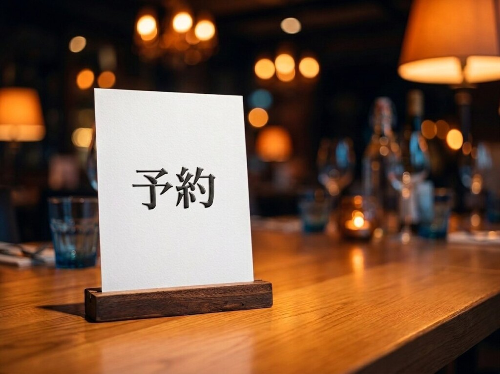照明の灯るバーカウンターに立てられた「予約」と記された白いカード。夜に出かける前の注意点