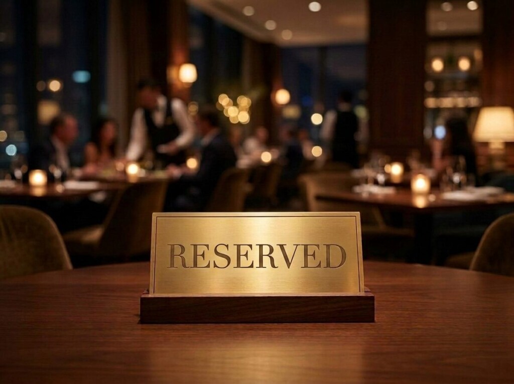 灯りの落ちたレストランのテーブルに置かれた金色の「RESERVED」のプレート。当日のエスコート