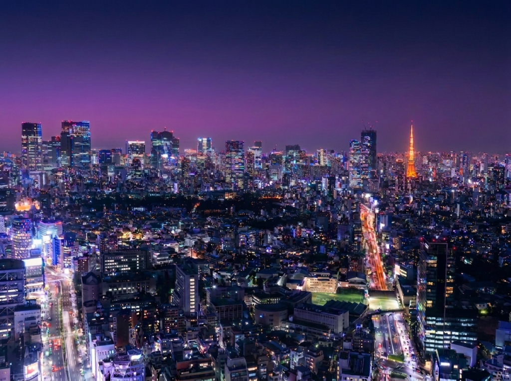 紫に染まる夕暮れ時、東京タワーも見渡せる高層階からの夜景。喧騒を離れて過ごす渋谷デートコース